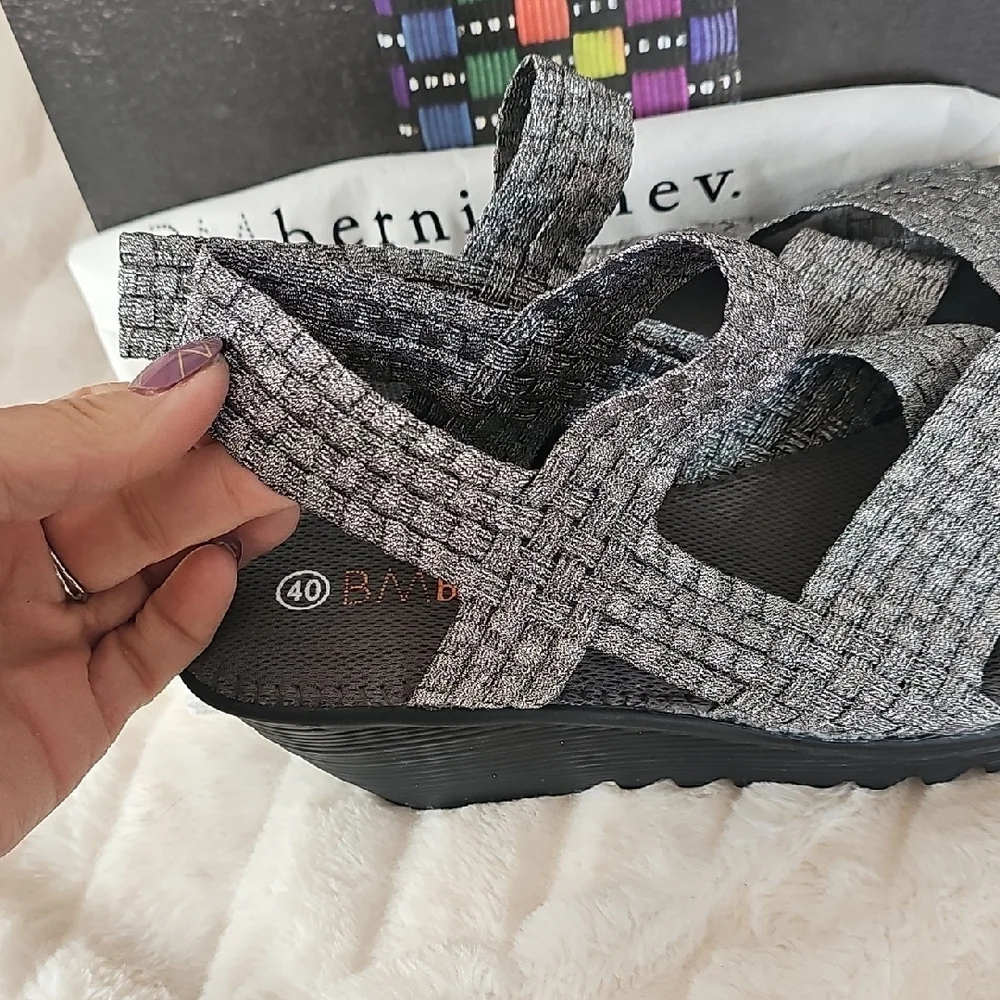 bernie mev. Gray Woven Elastic Wedge Sandals